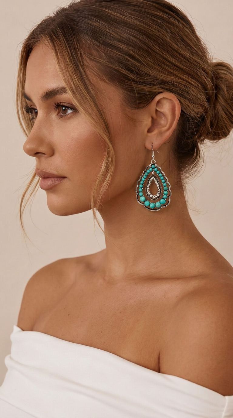 Rhinestone Turquoise Double-Layer Drop Dangle Earrings