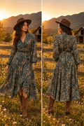 LONG SLEEVE V-NECK SELF TIE LEAF PRINT WRAP MIDI DRESS