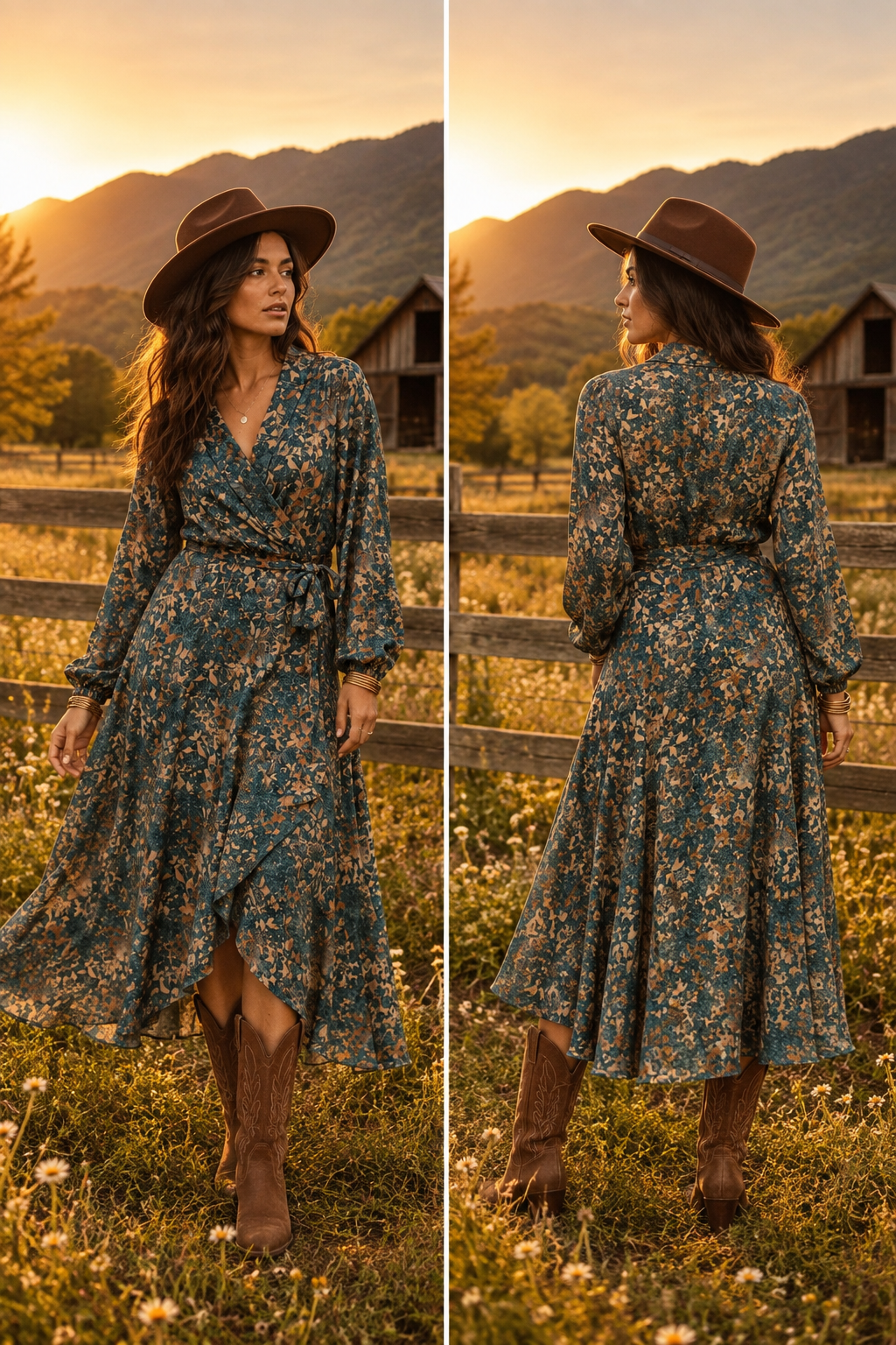LONG SLEEVE V-NECK SELF TIE LEAF PRINT WRAP MIDI DRESS